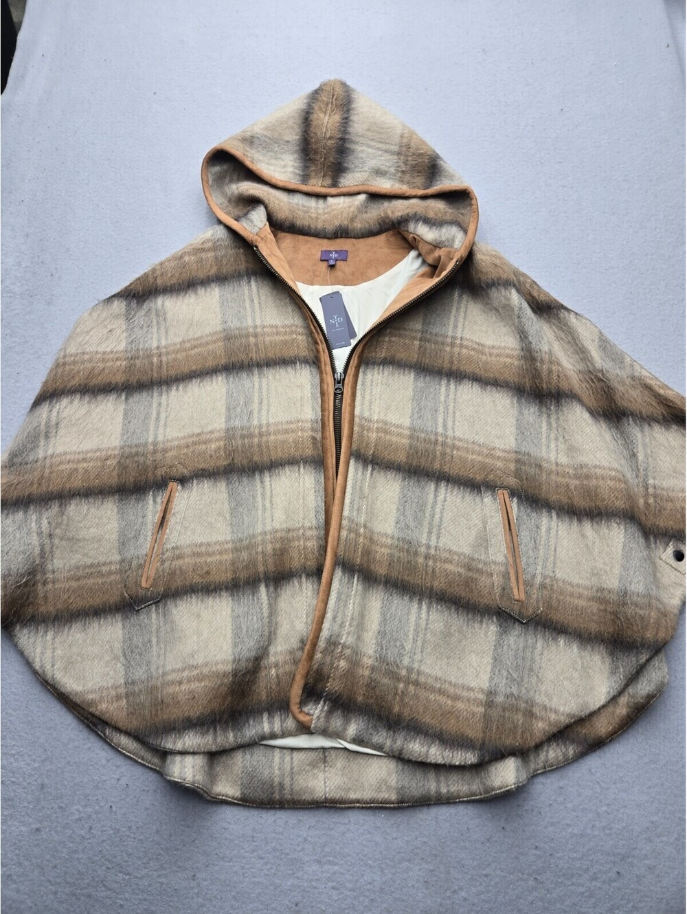 NYDJ Women's Poncho Large Tan/Brown Overcoat Plaid Hooded Faux Leather Trim